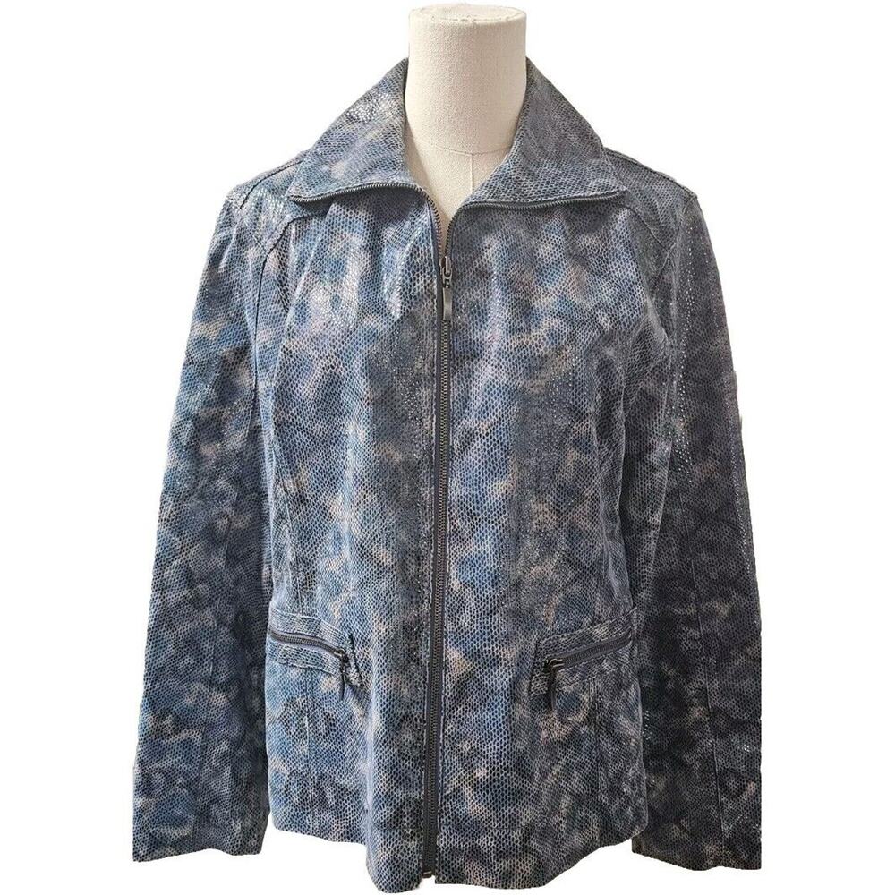 Stunning Chicos 100%‎ leather Dress jacket - 2 Large -Blue Snakeskin Satin Lined